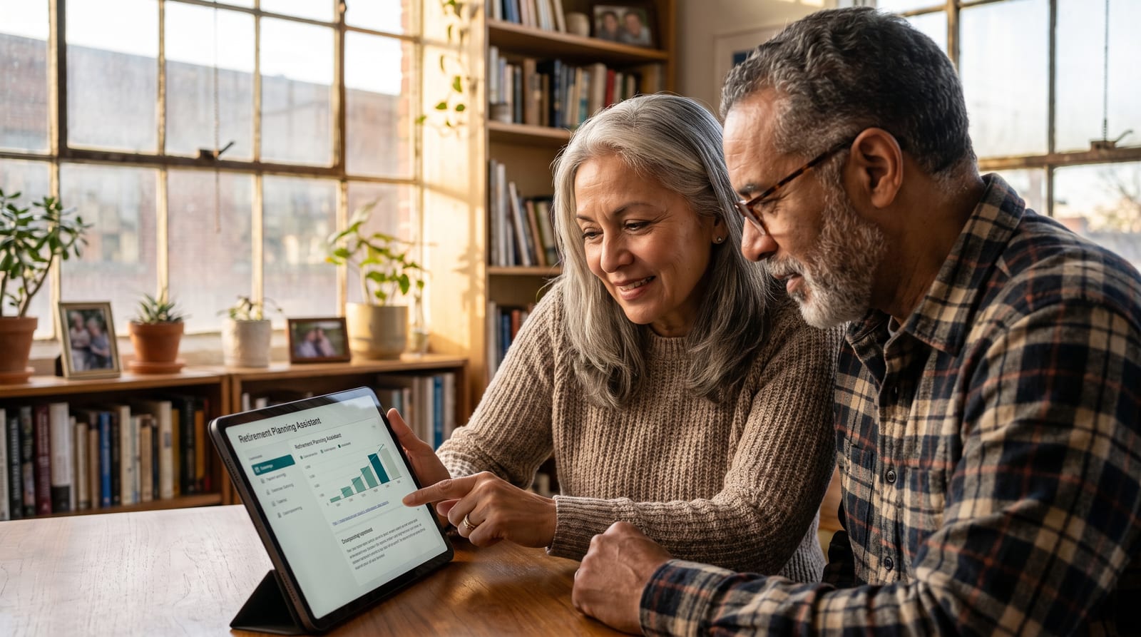 AI for retirement planning — adult in their 60s comfortably using modern technology for retirement planning