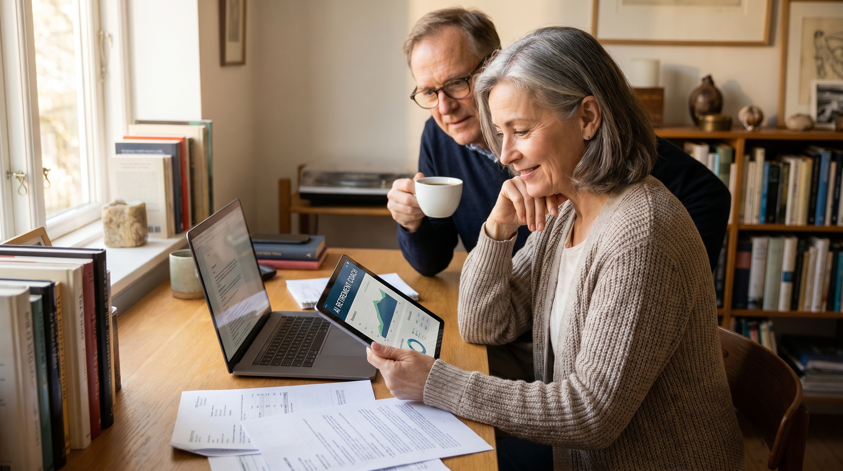 AI retirement coach conversation — adult in their 60s using laptop to chat with an AI retirement planning assistant in a sunlit home office