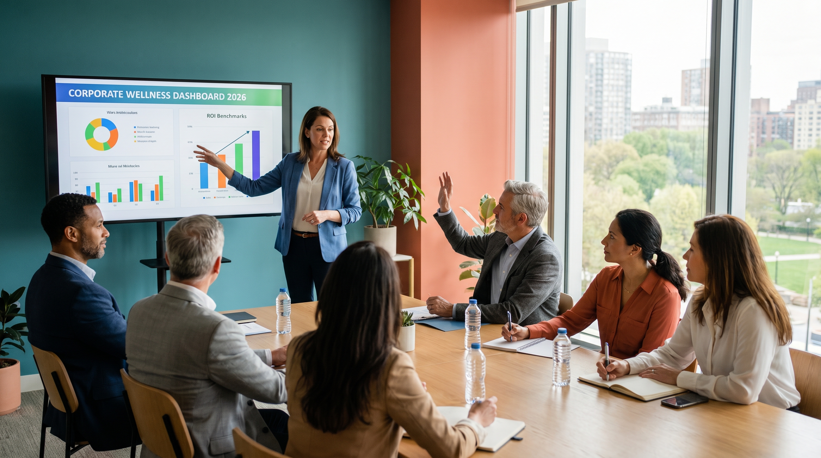 corporate retirement wellness program — diverse employee group at benefits meeting with HR director presenting wellness dashboard in bright modern conference room