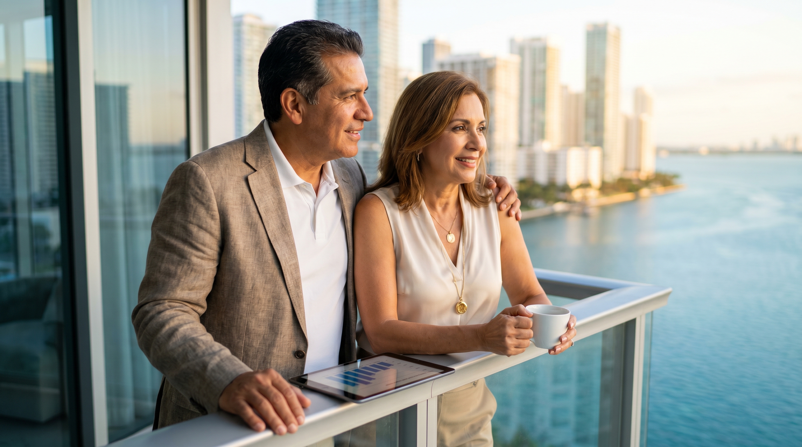 punto de equilibrio seguro social — pareja latina exitosa en sus 60s en balcón de condominio frente al mar en Miami planificando su jubilación