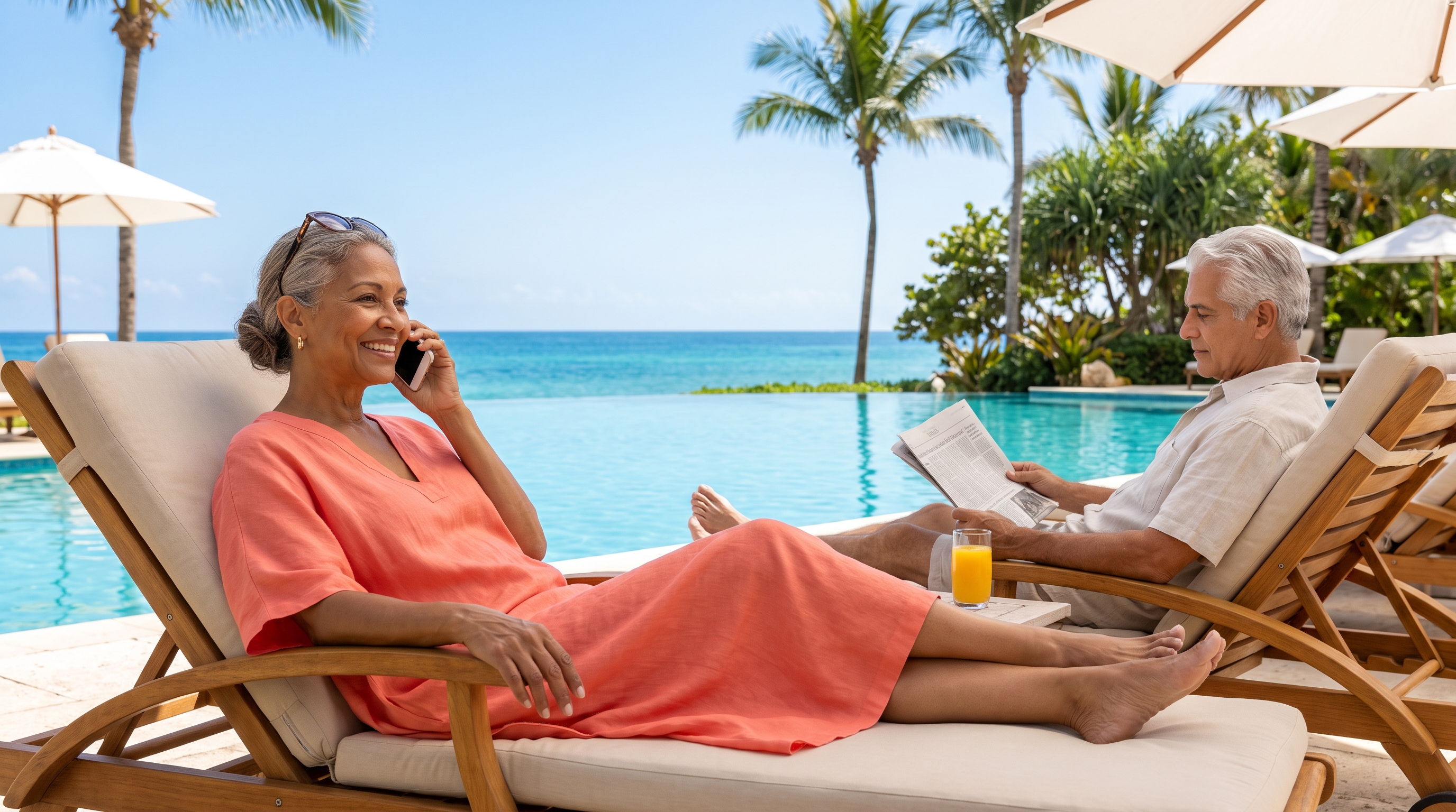 Qué es un coach de jubilación con IA — una elegante pareja hispana jubilada junto a una piscina infinita en un resort tropical; la esposa sonríe hablando por teléfono mientras el esposo lee el periódico.