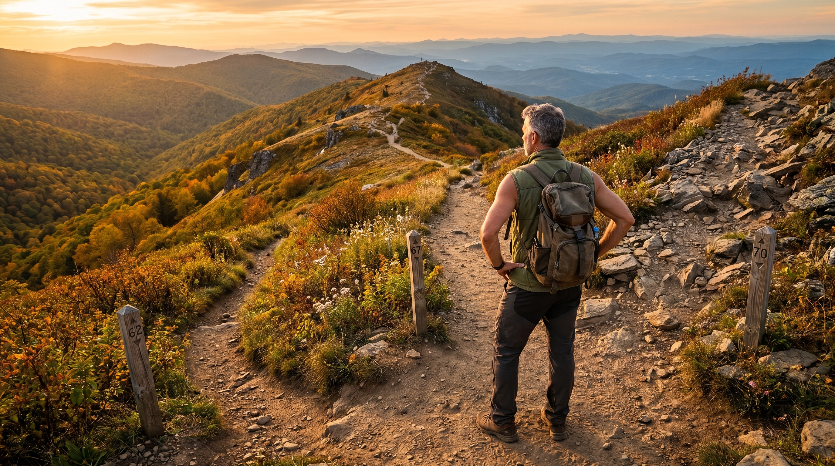 social security break-even age — man in his 60s standing at fork of three hiking trails on mountain ridge representing claiming at 62 67 or 70