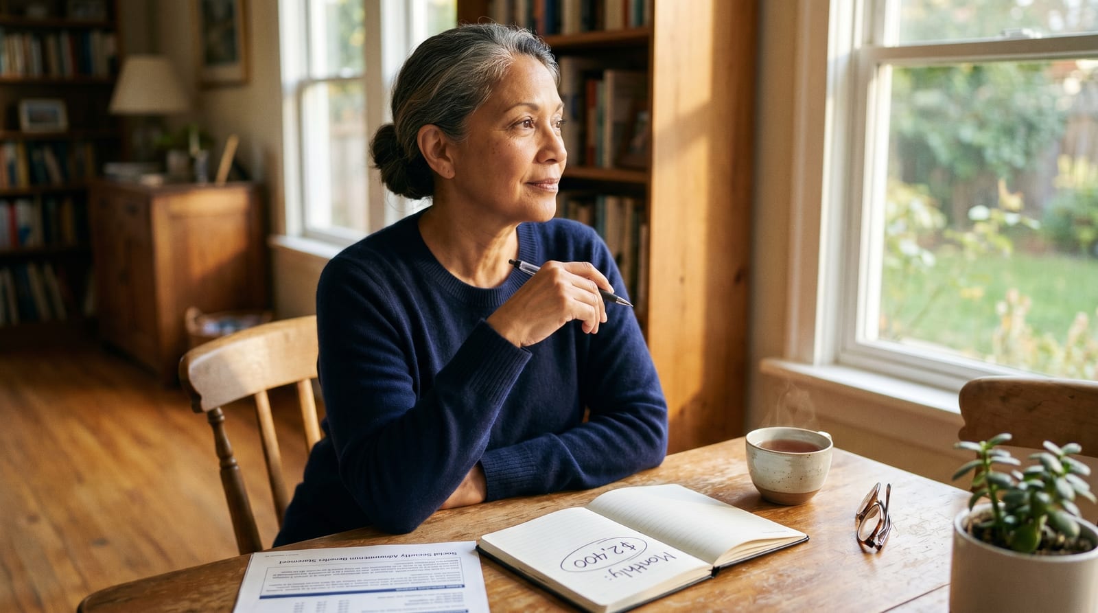 social security 2032 benefit cut — woman in her early 60s at a sunlit dining table calmly reviewing her Social Security statement with a notebook, composed and in control rather than anxious