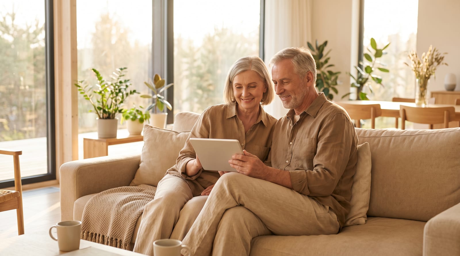 What is decumulation — a confident couple in their mid-60s reviewing their retirement income together on a tablet in a bright modern living room, calm and financially secure